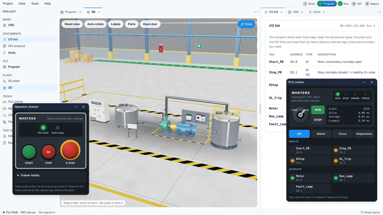 EDWartens Lab: a 3D view of a motor and tanks with the operator station, the I/O list and the online PLC panel