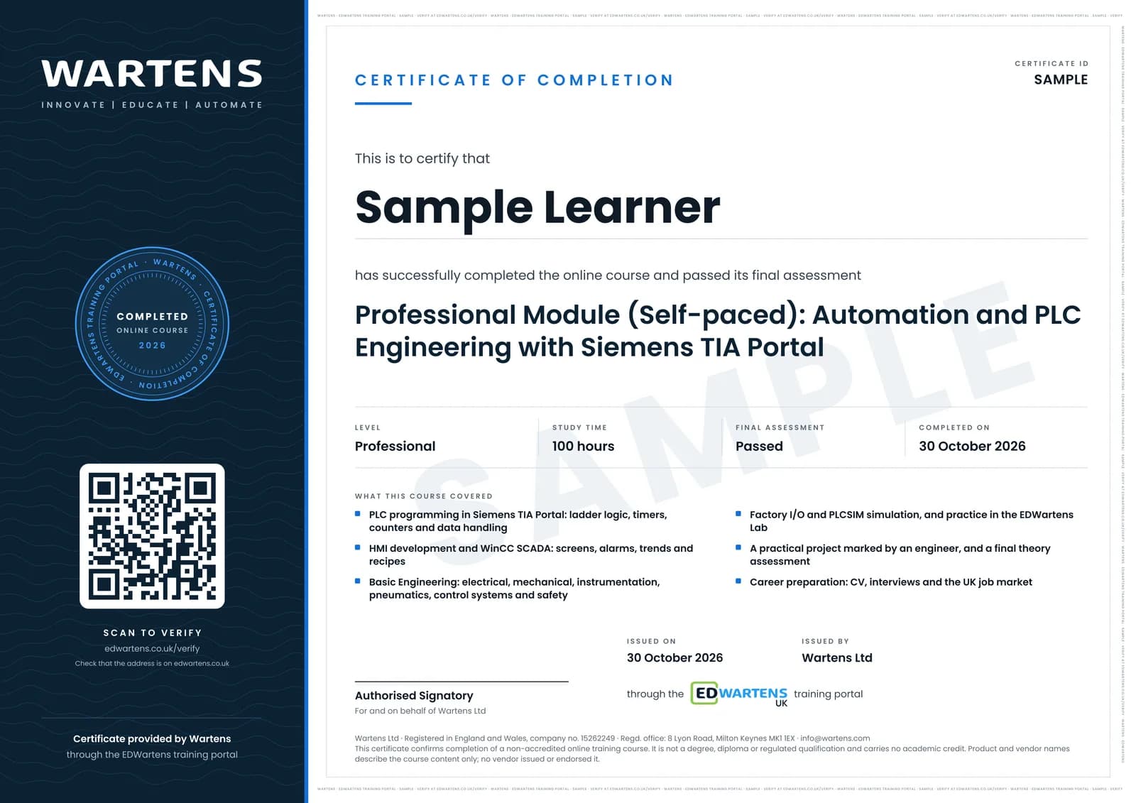 Sample certificate of completion from Wartens Ltd, marked SAMPLE, in the name of Sample Learner