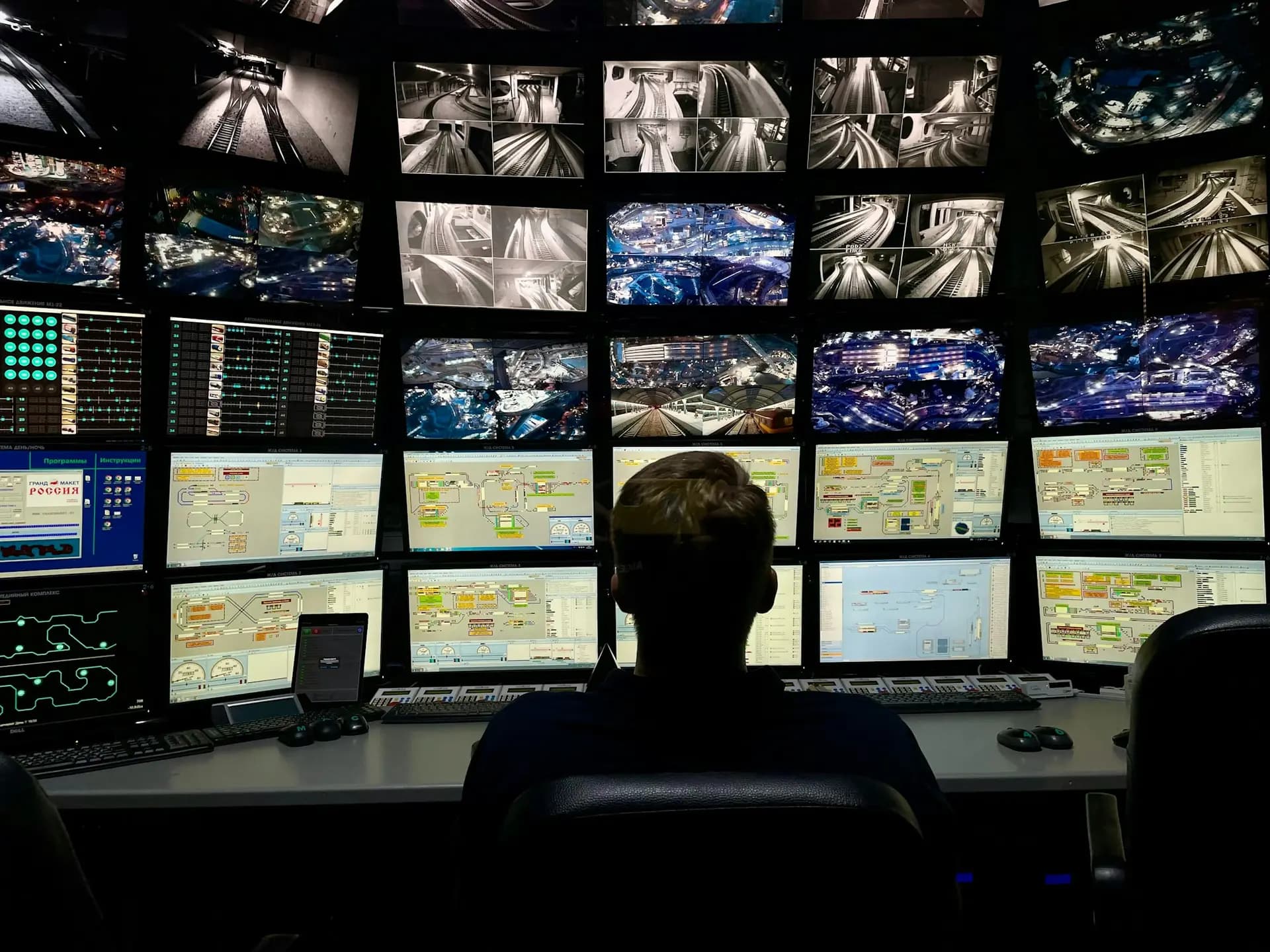 Operator in front of a wall of monitoring screens