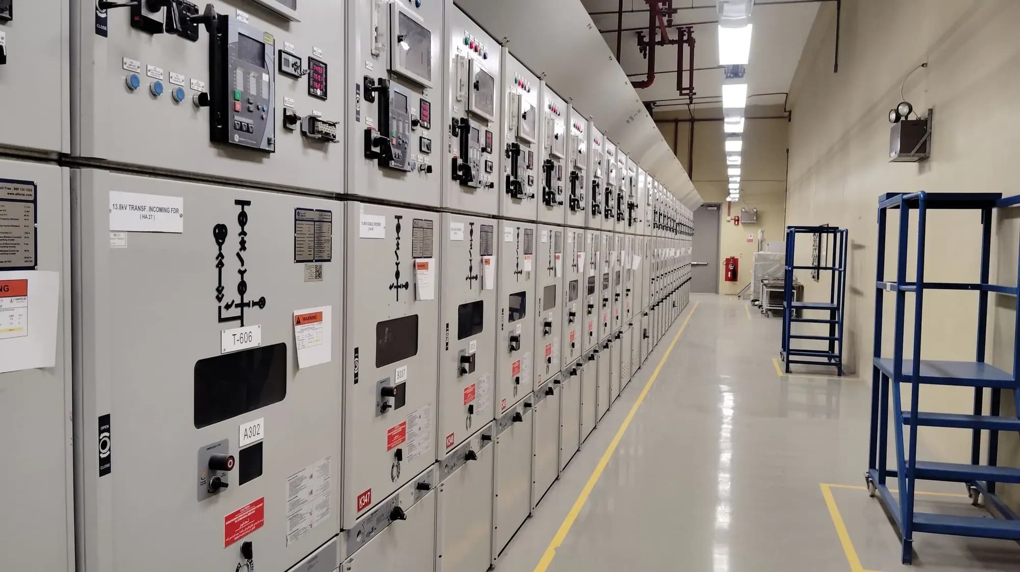Row of low-voltage switchgear panels along a clean electrical room corridor