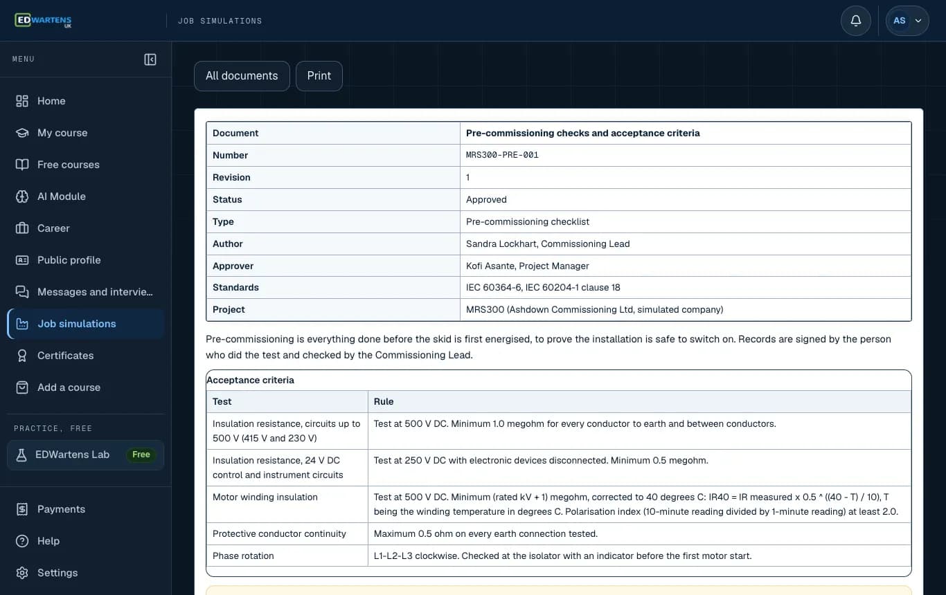 A project document in the Commissioning Engineer job simulation
