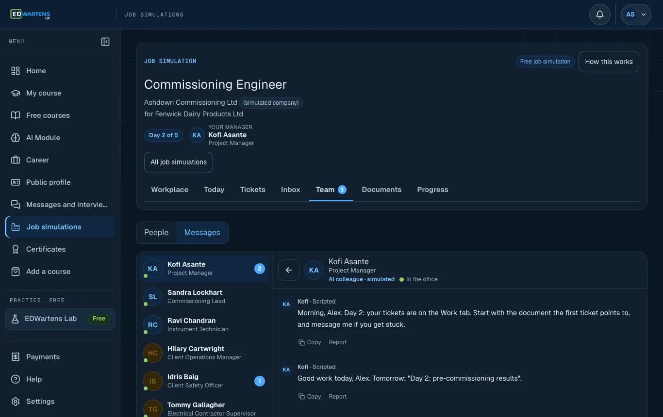 The team page in the Commissioning Engineer job simulation, with colleagues to ask