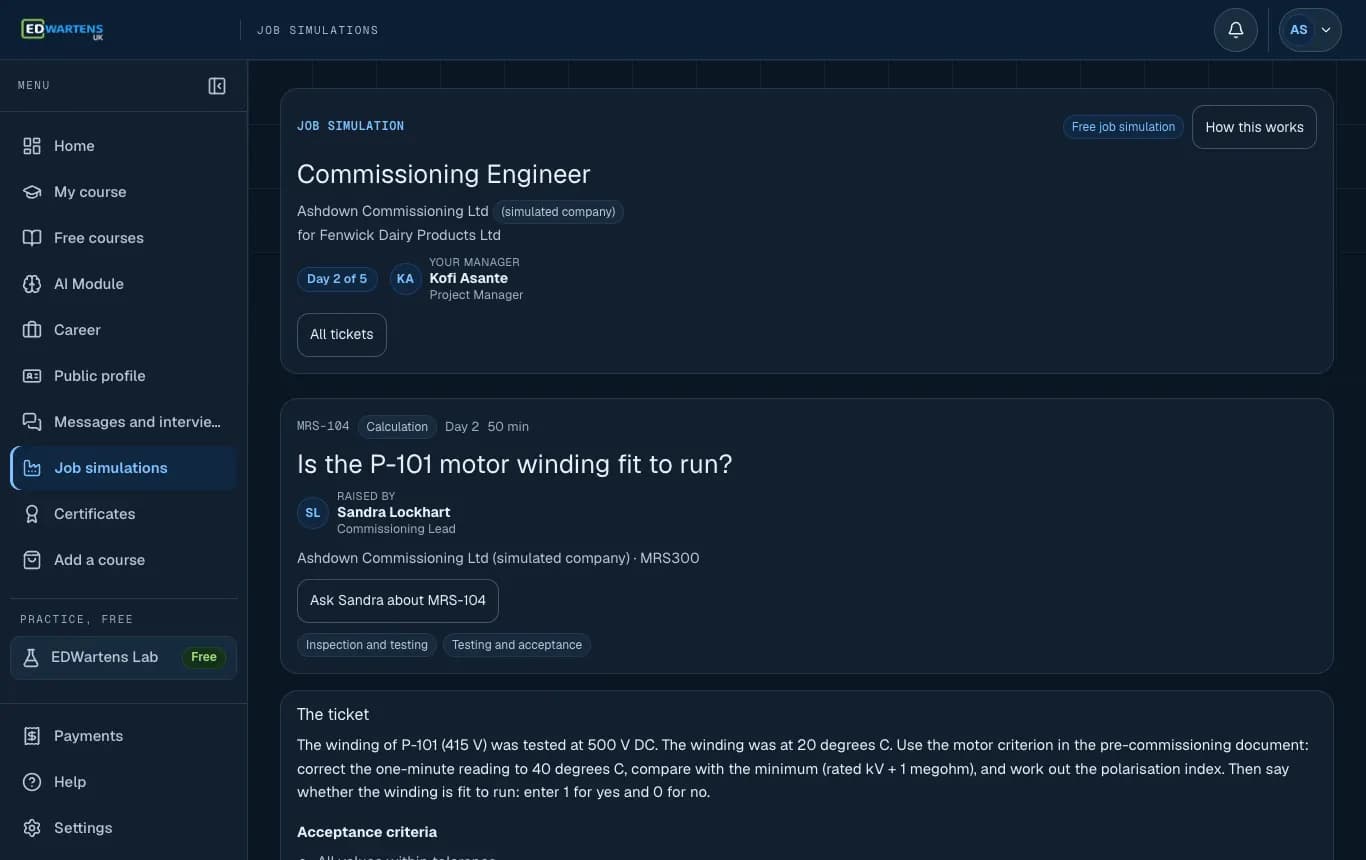 A ticket in the Commissioning Engineer job simulation, with its brief and acceptance points