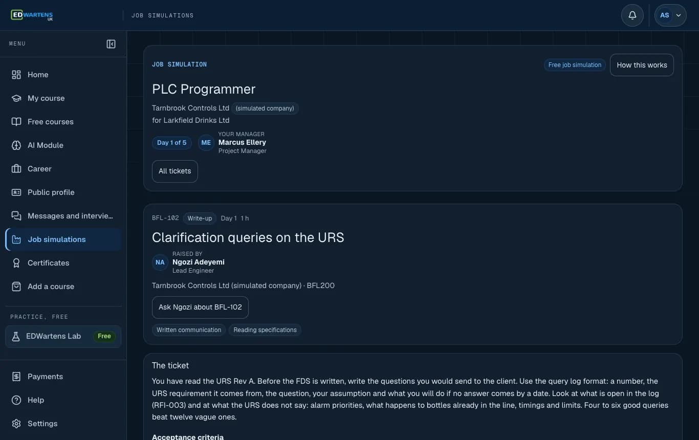 A ticket in the PLC Programmer job simulation with its brief and acceptance points