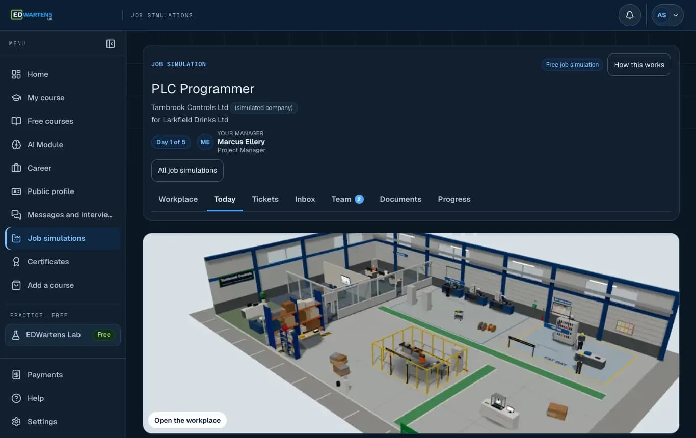 The Today screen of the PLC Programmer job simulation: the morning email and the day's tickets