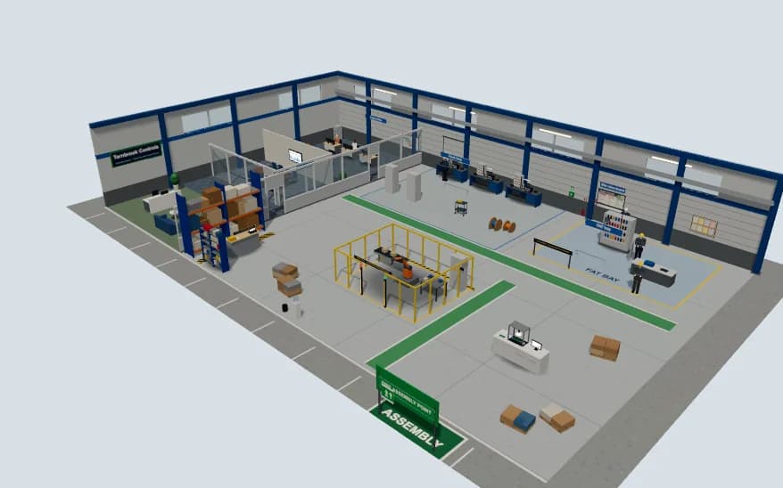 The 3D workplace of the simulated company in the PLC Programmer job simulation