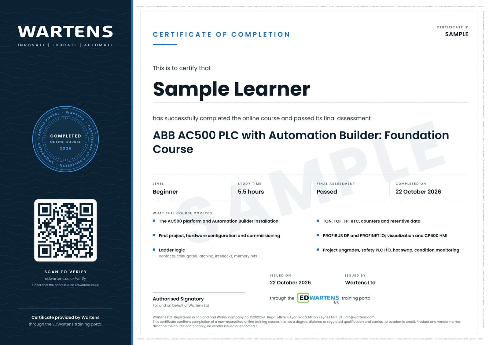 Sample certificate for ABB AC500 PLC with Automation Builder