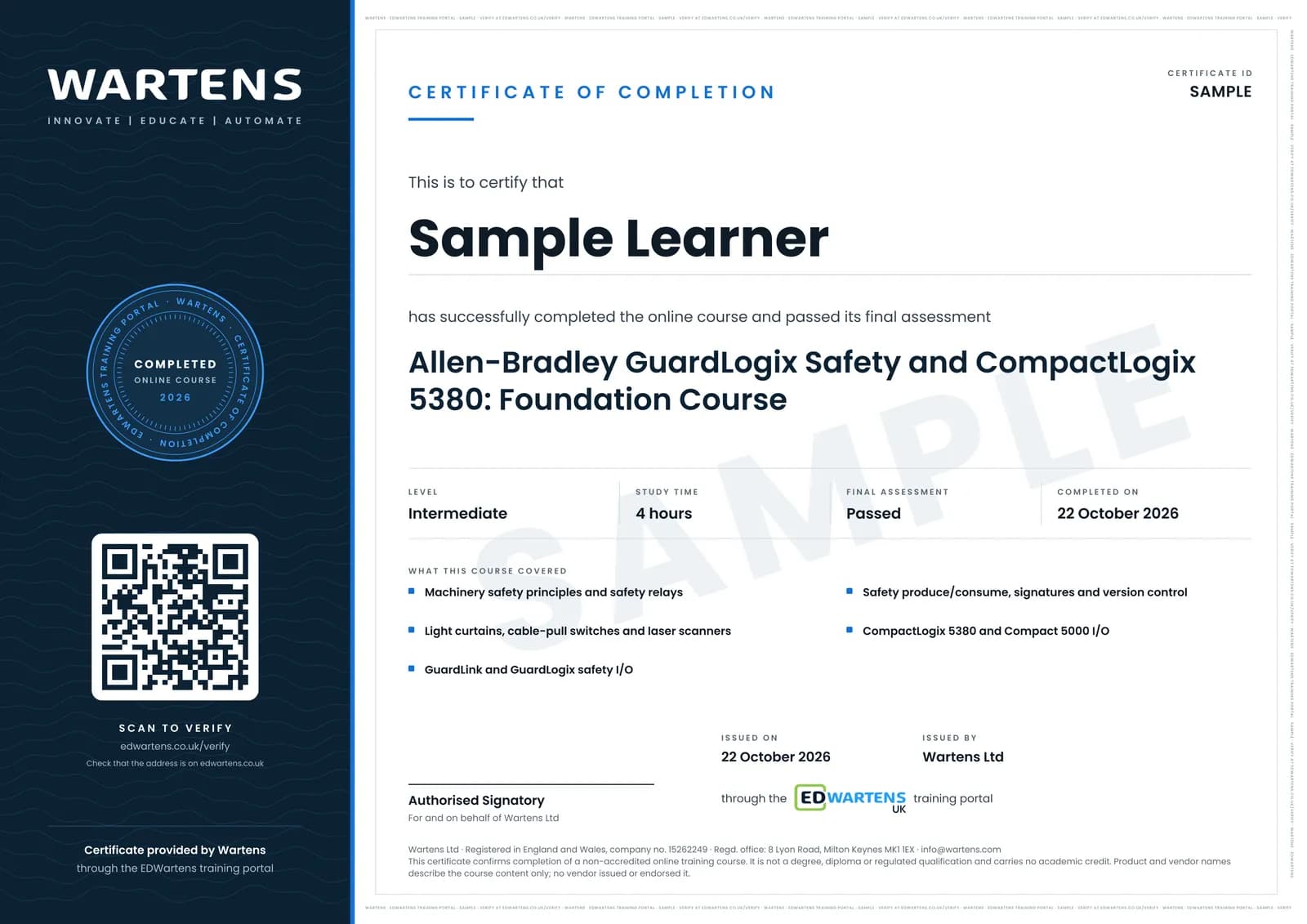 Sample certificate for Allen-Bradley GuardLogix Safety and CompactLogix 5380