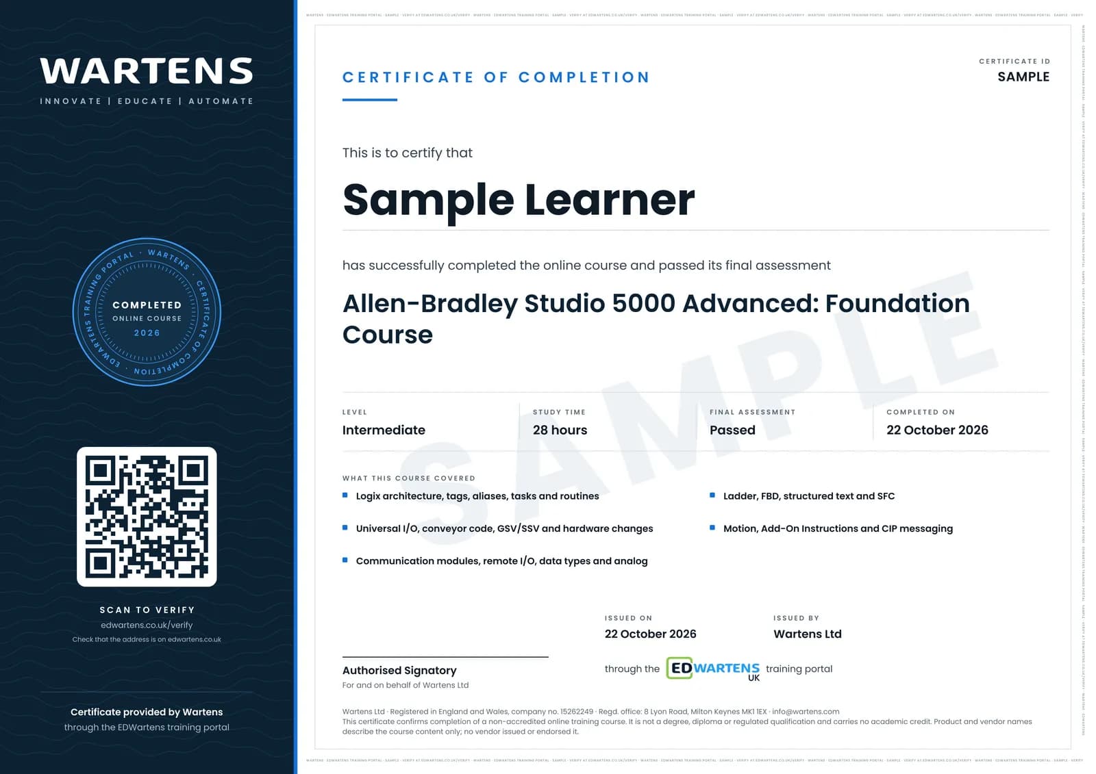Sample certificate for Allen-Bradley Studio 5000 Advanced