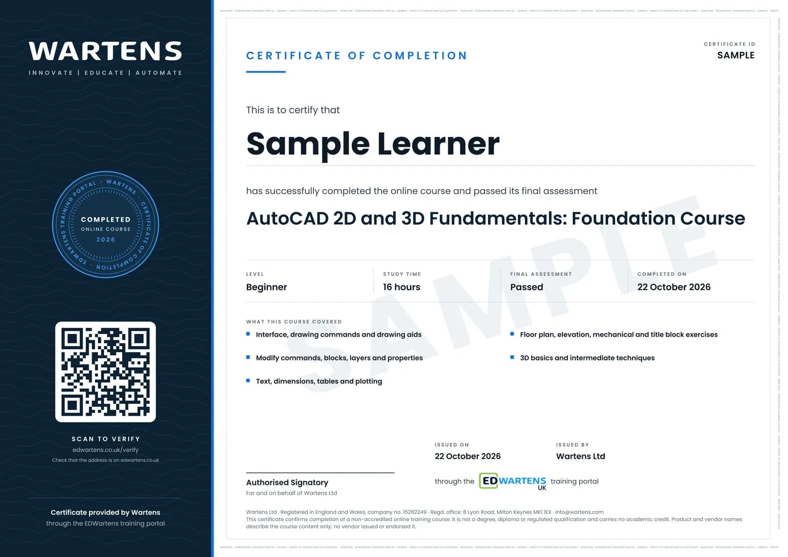 Sample certificate for AutoCAD 2D and 3D Fundamentals