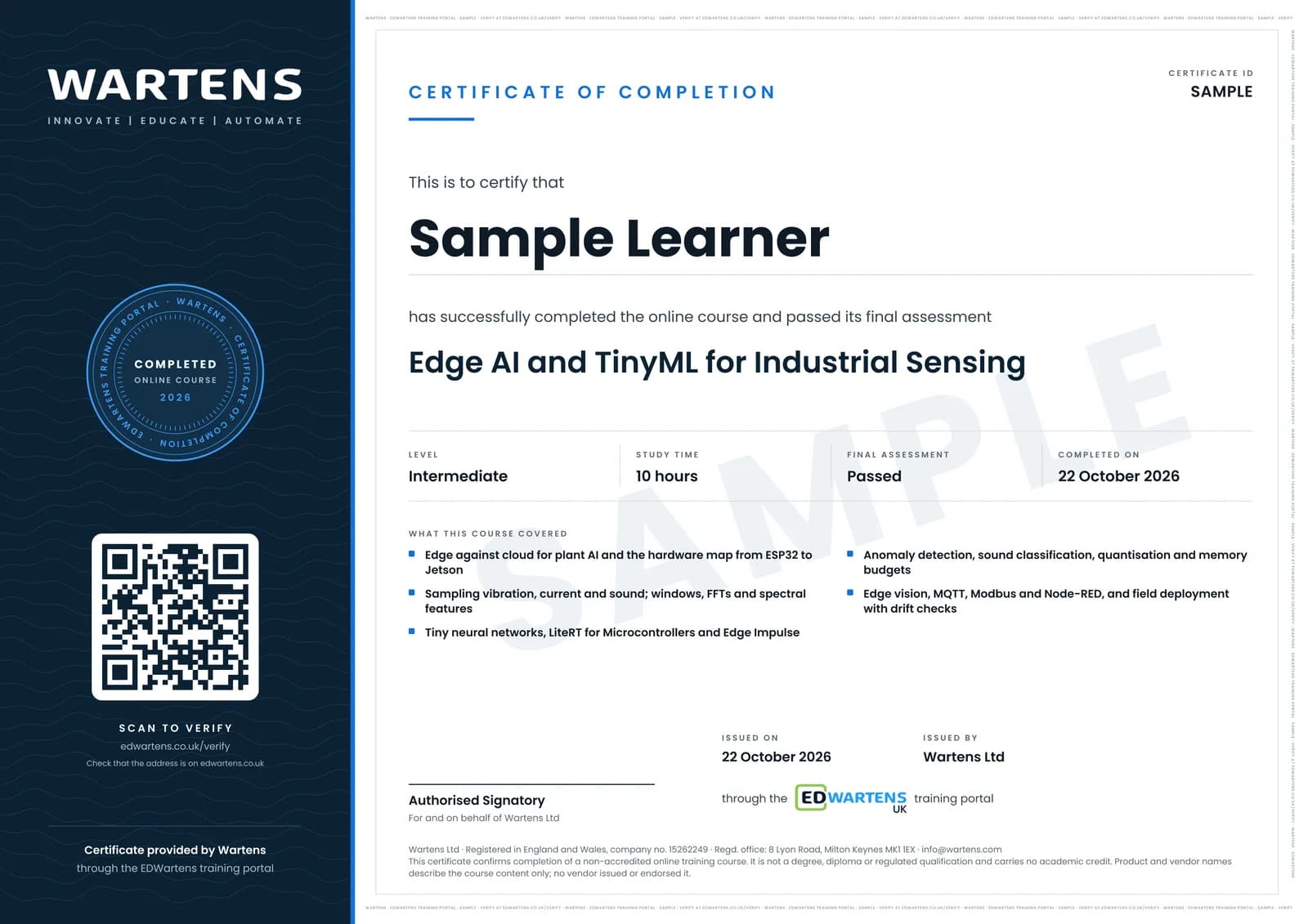 Sample certificate for Edge AI and TinyML for Industrial Sensing