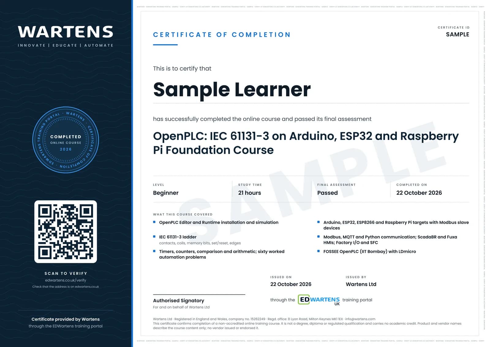 Sample certificate for OpenPLC: IEC 61131-3 on Arduino, ESP32 and Raspberry Pi