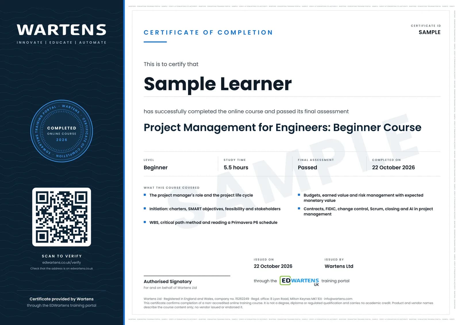 Sample certificate for Project Management for Engineers