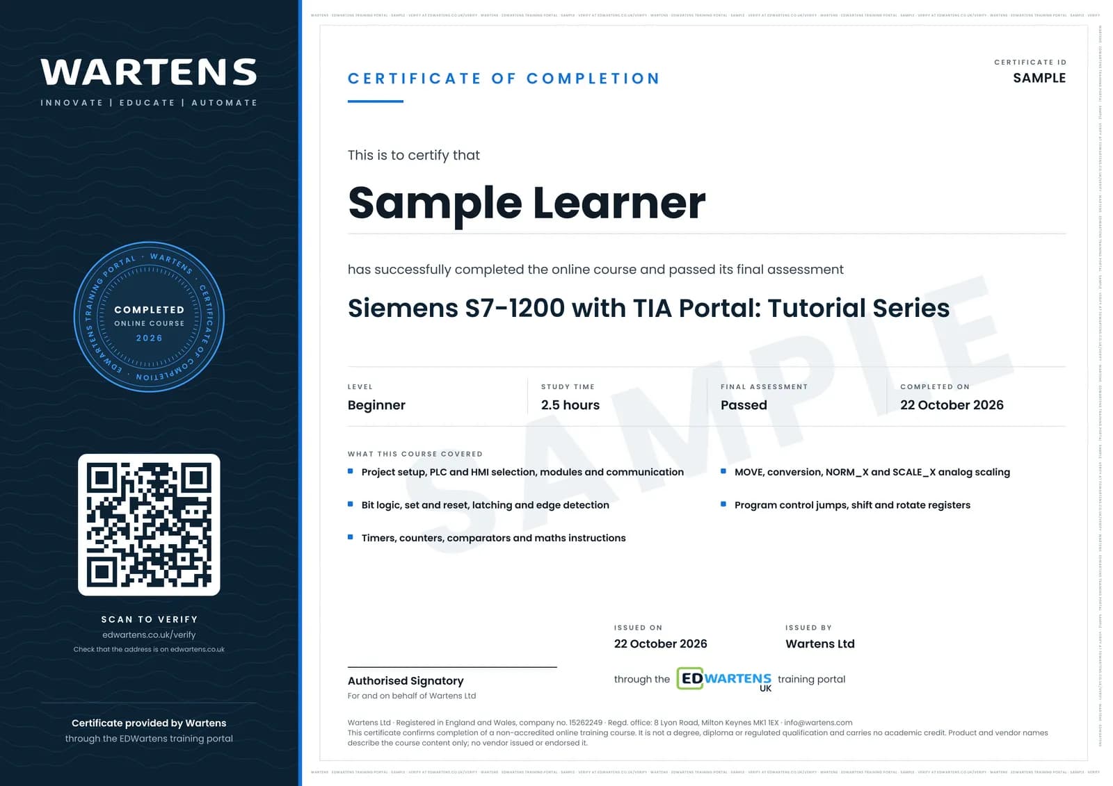 Sample certificate for Siemens S7-1200 with TIA Portal: The Tutorial Series