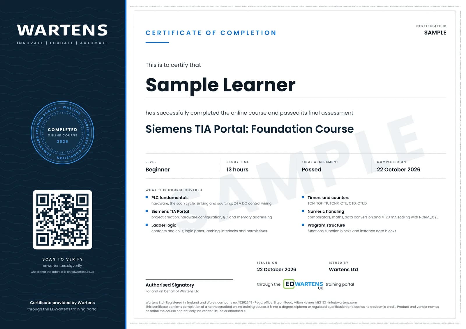 Sample free course certificate, marked SAMPLE, in the name of Sample Learner