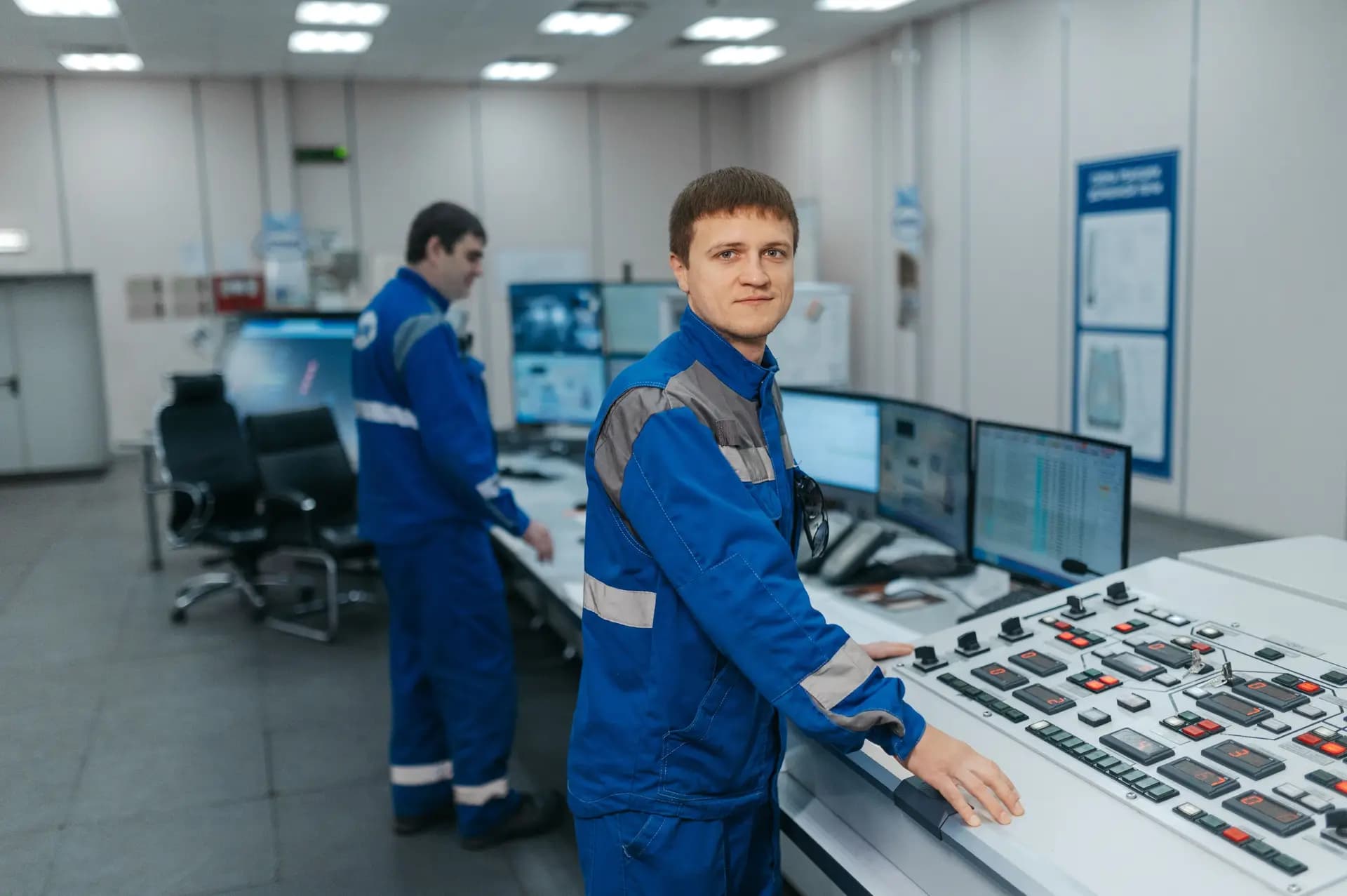 Two operators at a control desk with panels and monitors in a plant control room