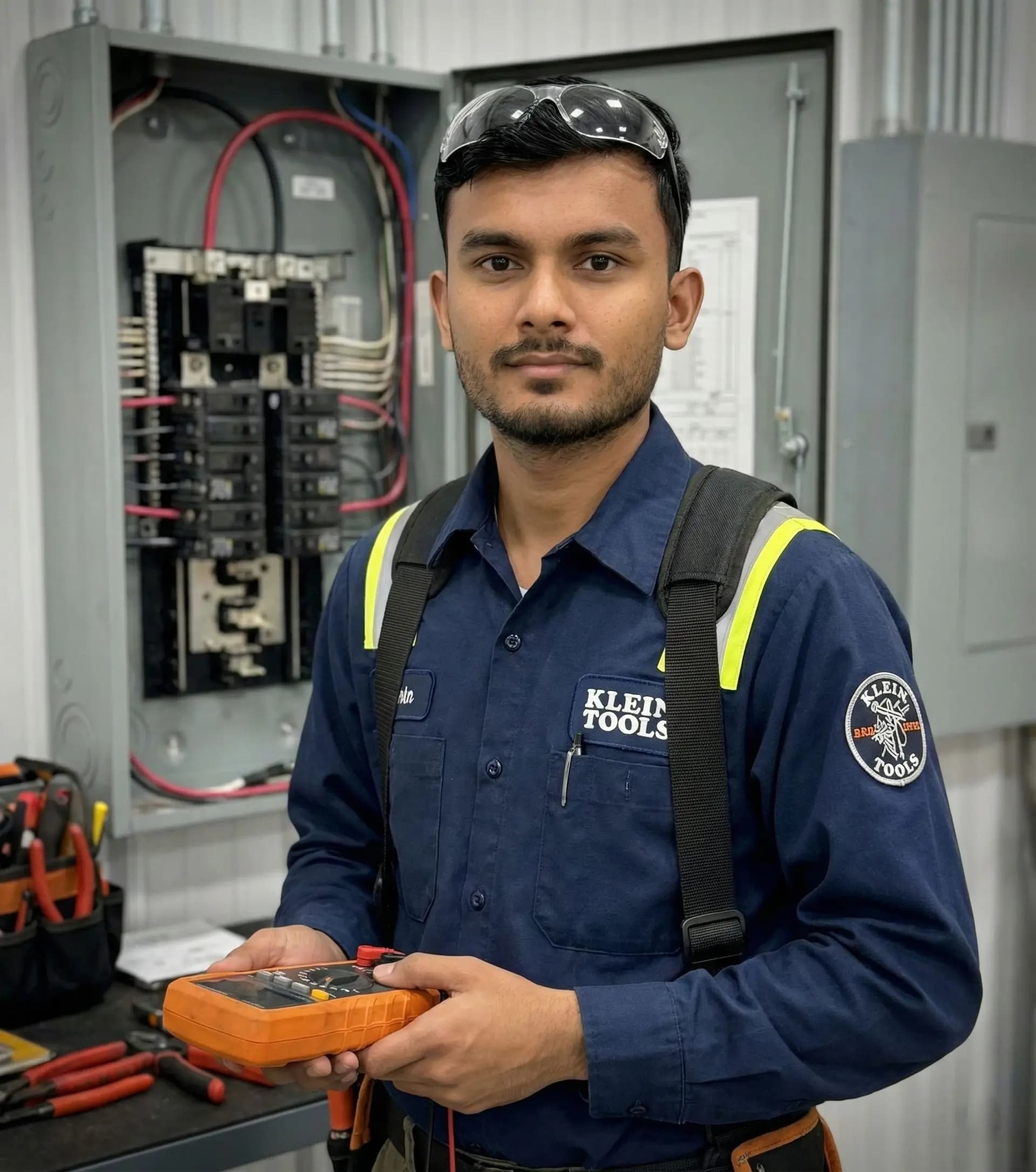 Electrician in a hi-vis work shirt standing beside a board of circuit breakers