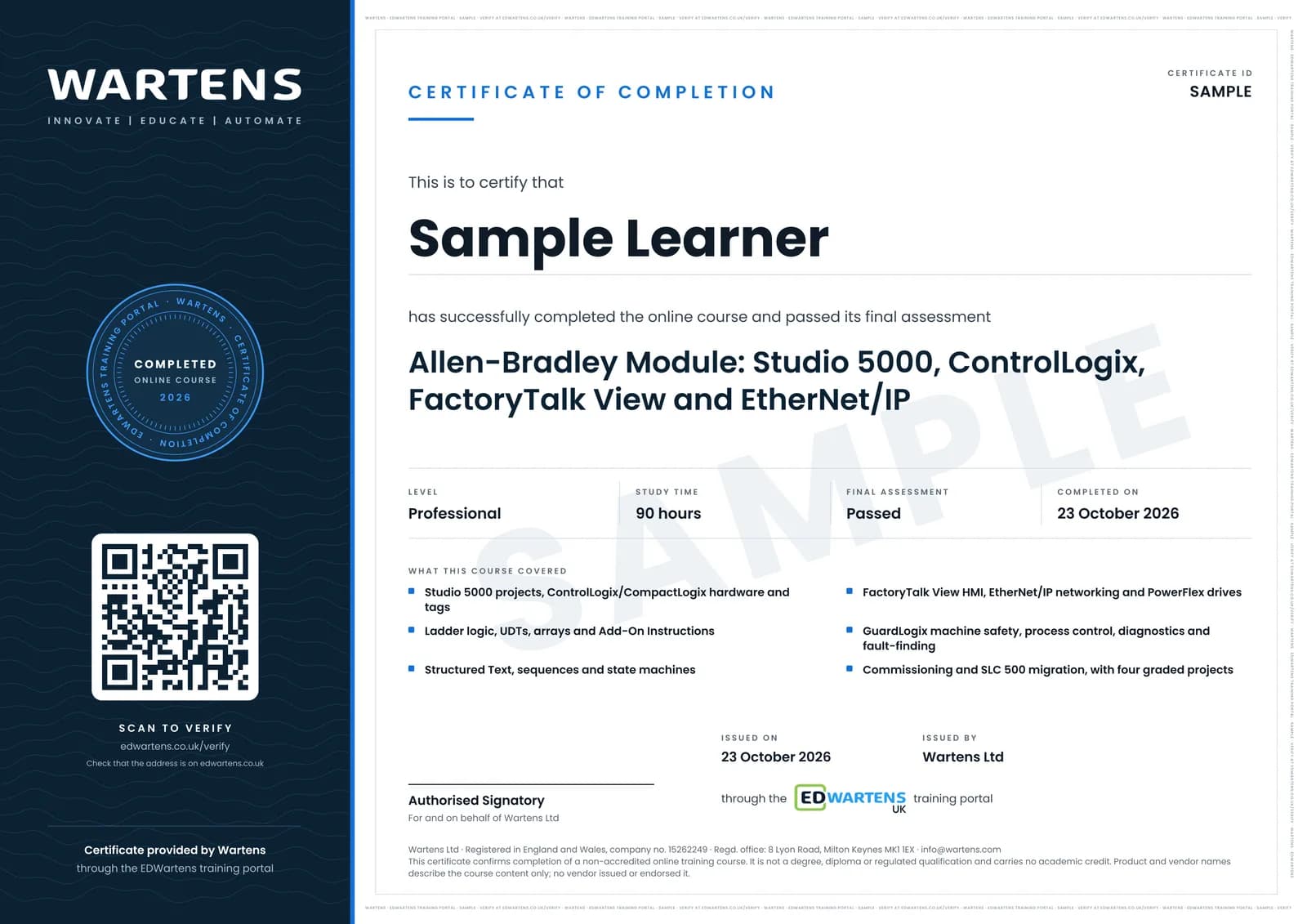 Sample certificate of completion from Wartens Ltd, marked SAMPLE, in the name of Sample Learner
