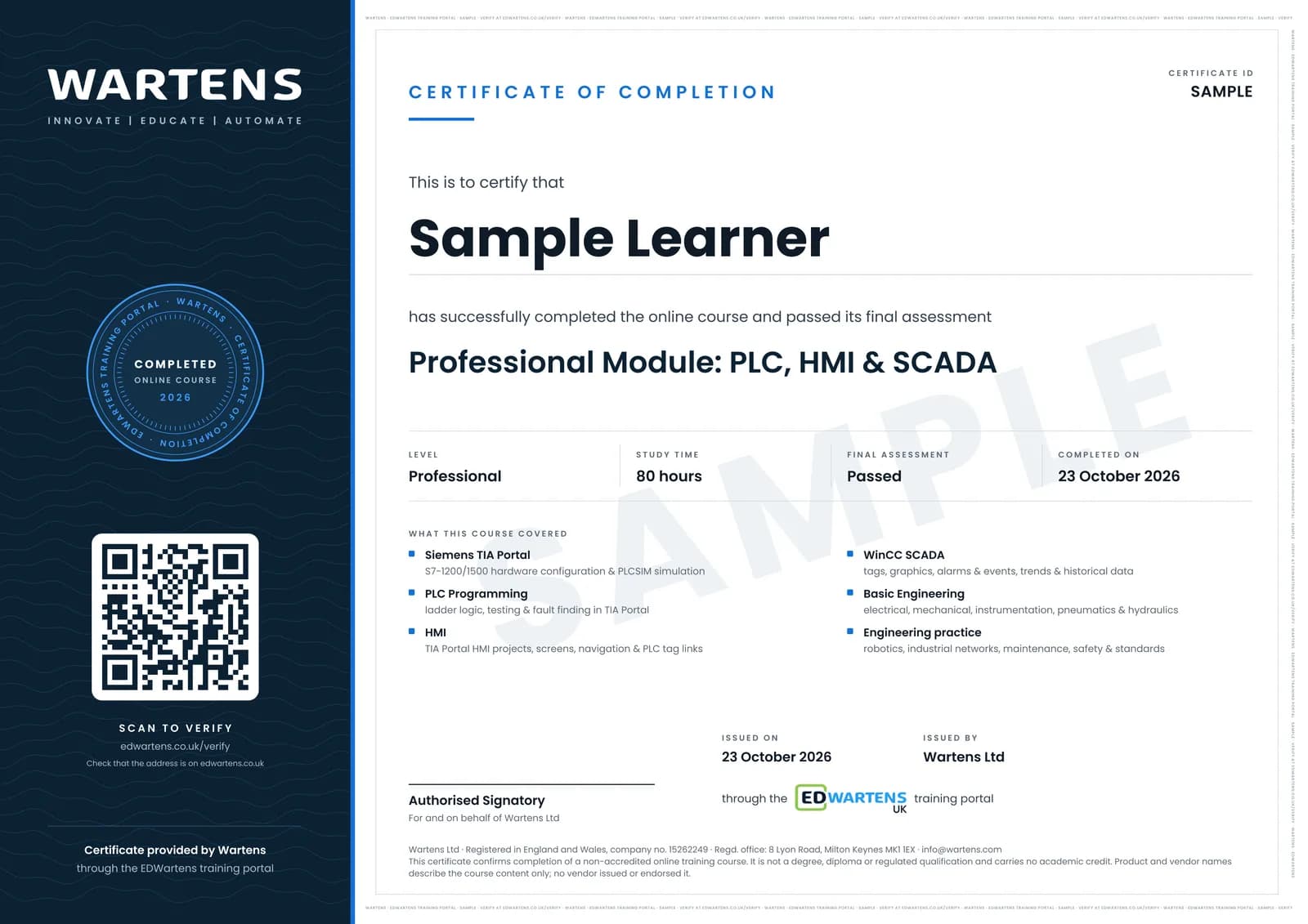 Sample Professional Module certificate of completion, marked SAMPLE, in the name of Sample Learner