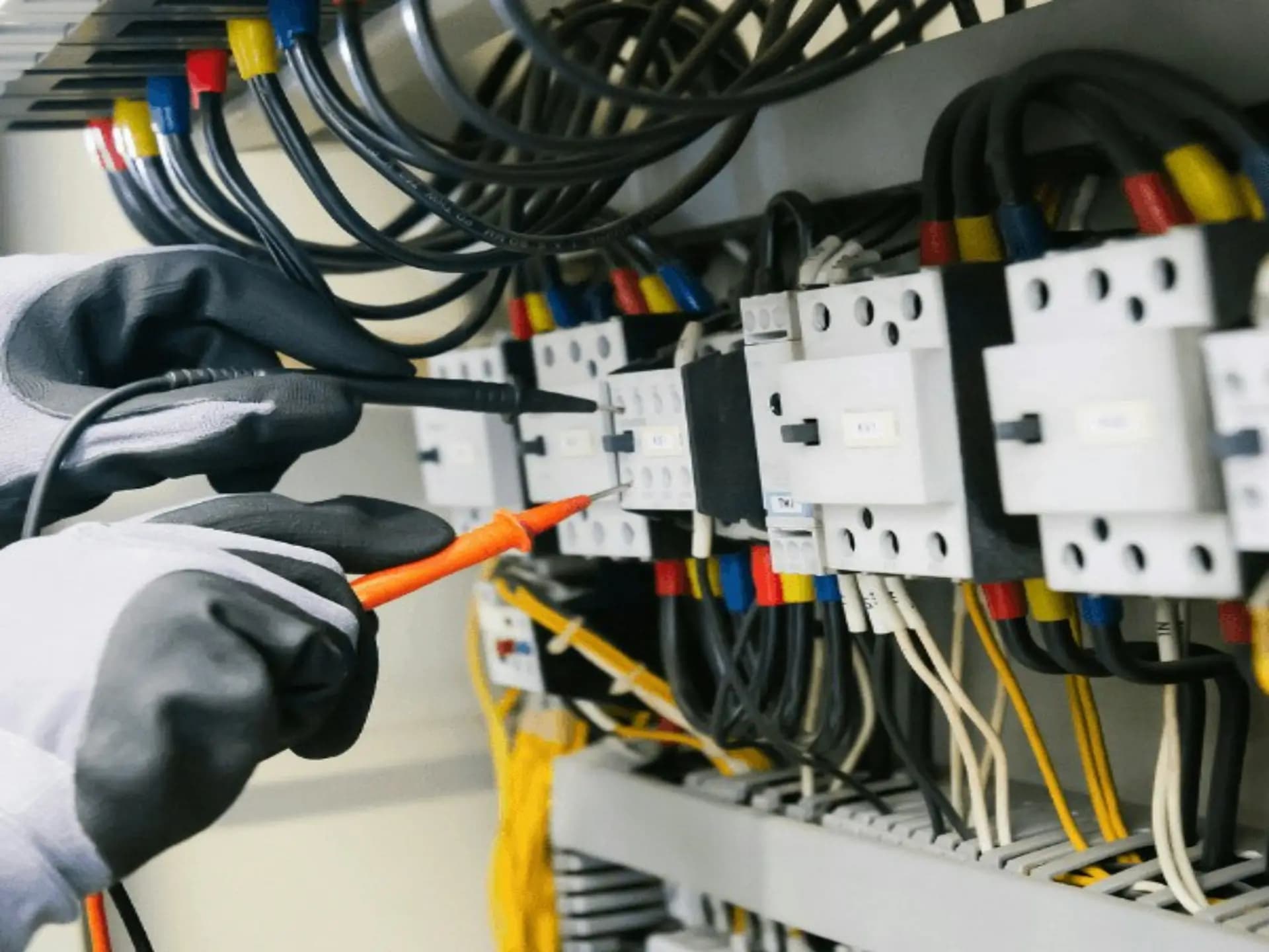 Electrician testing contactors in a control panel with a probe