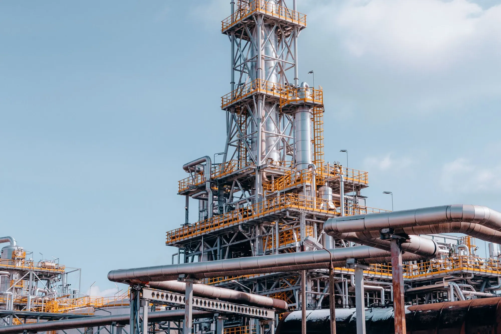 Oil refinery tower and pipelines in Trzebinia, Poland, a large process plant of the type that relies on field instrumentation