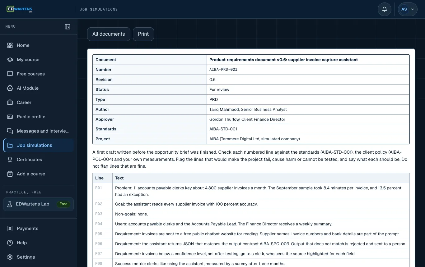A project document in the AI Business Analyst job simulation with number, revision and status