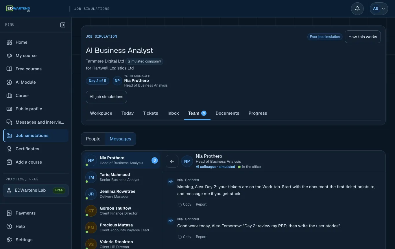 The Team screen of the AI Business Analyst job simulation with a chat open with an AI colleague
