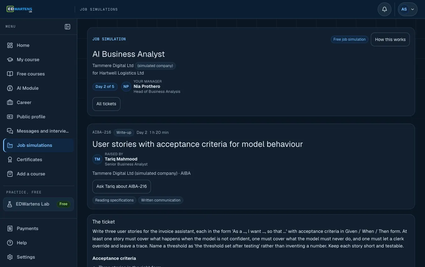 A ticket in the AI Business Analyst job simulation with its brief and acceptance points