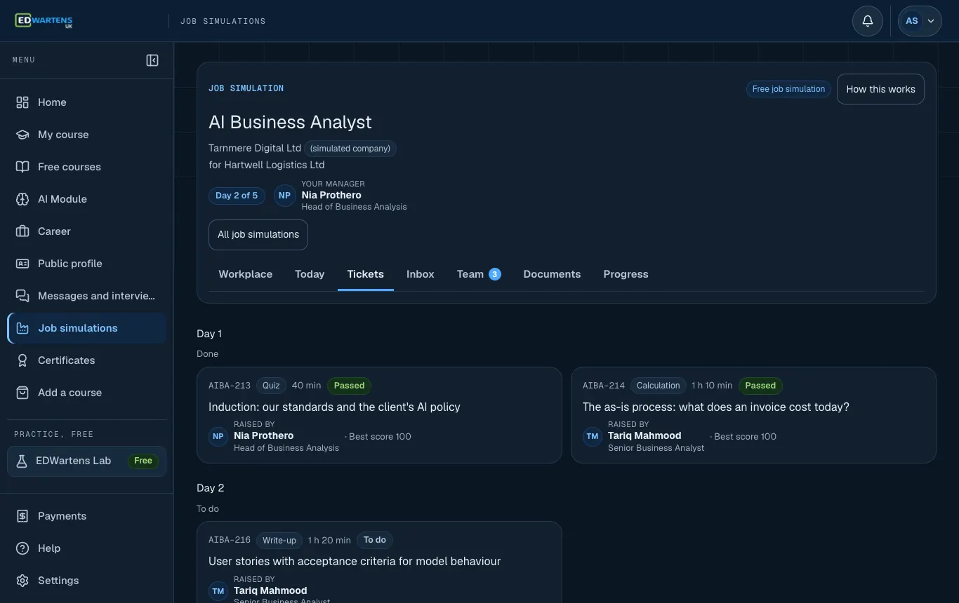 The Work screen of the AI Business Analyst job simulation, listing tickets by day