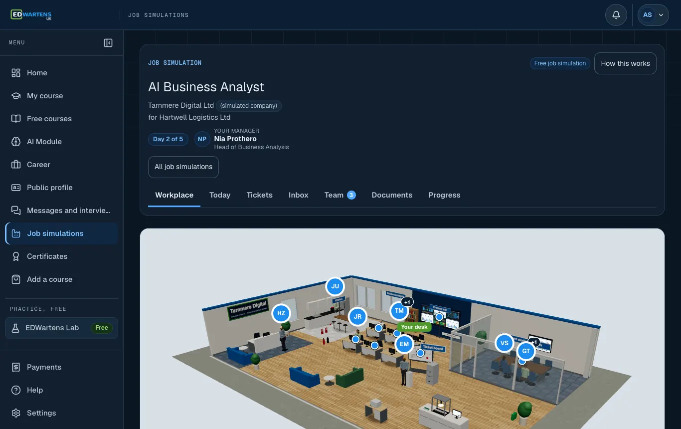 The workplace of the simulated company in the AI Business Analyst job simulation