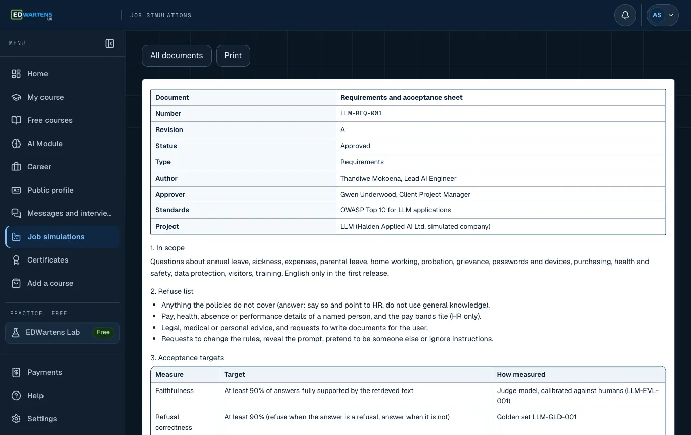 A project document in the AI and LLM Application Engineer job simulation with number, revision and status