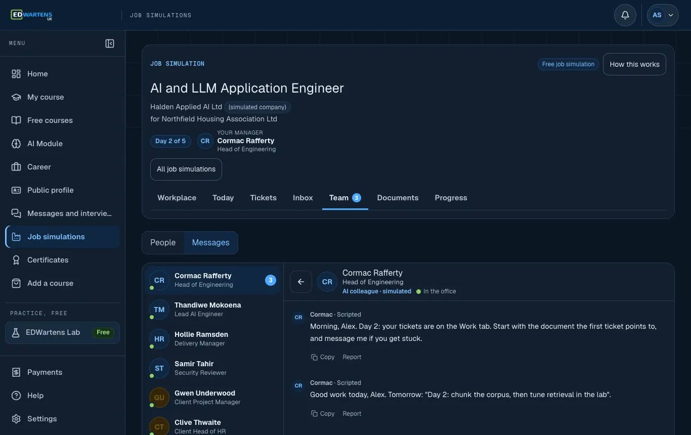 The Team screen of the AI and LLM Application Engineer job simulation with a chat open with an AI colleague