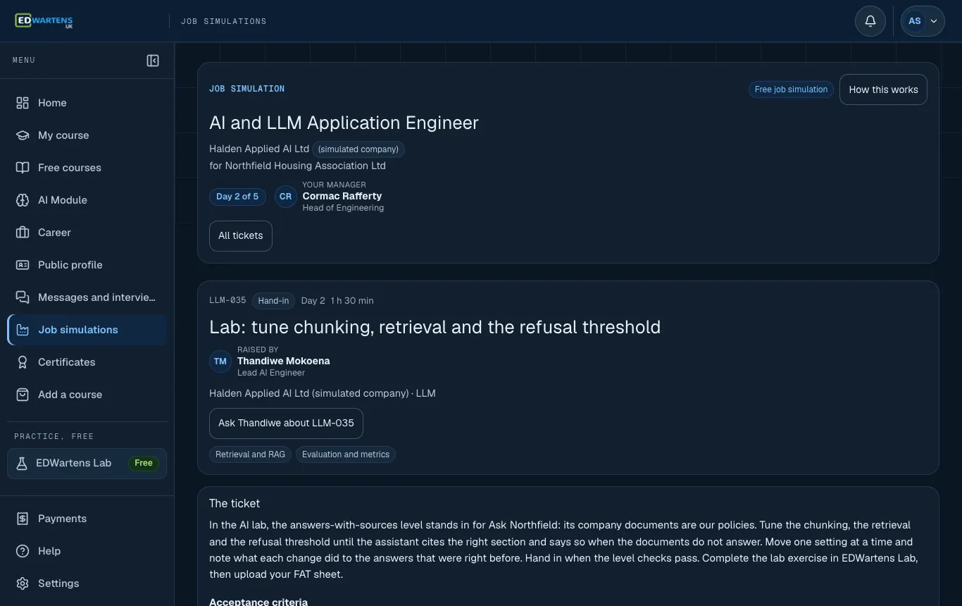 A ticket in the AI and LLM Application Engineer job simulation with its brief and acceptance points