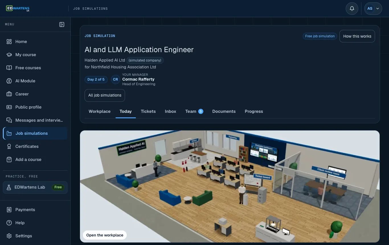 The Today screen of the AI and LLM Application Engineer job simulation: the morning email and the day's tickets