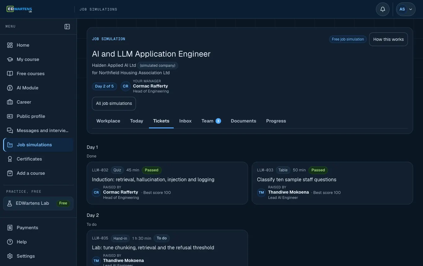 The Work screen of the AI and LLM Application Engineer job simulation, listing tickets by day