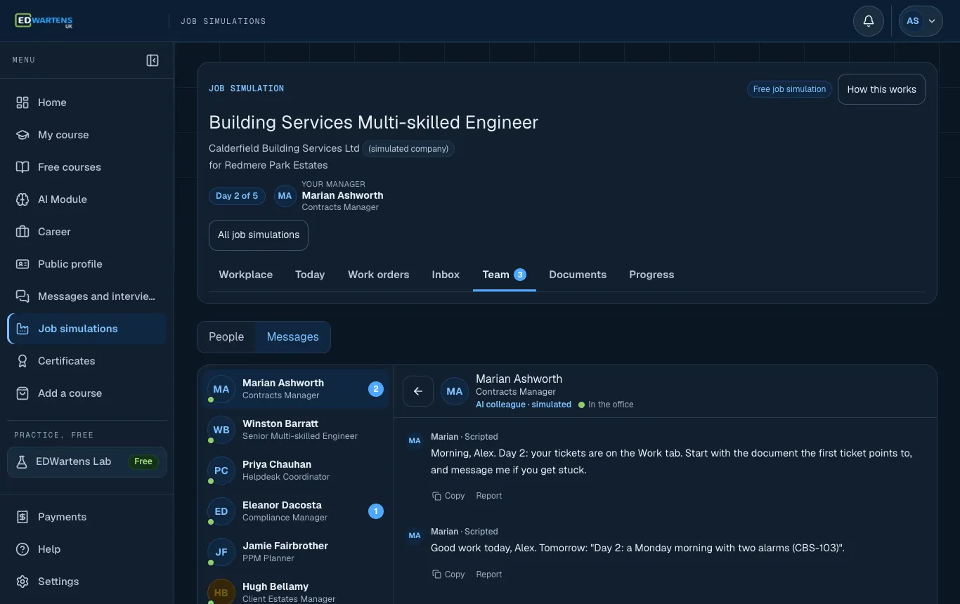 The Team screen of the Building Services Multi-skilled Engineer job simulation with a chat open with an AI colleague