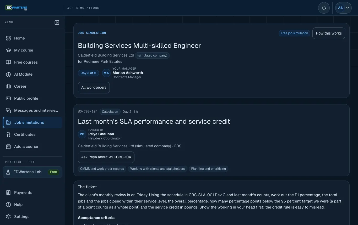 A ticket in the Building Services Multi-skilled Engineer job simulation with its brief and acceptance points