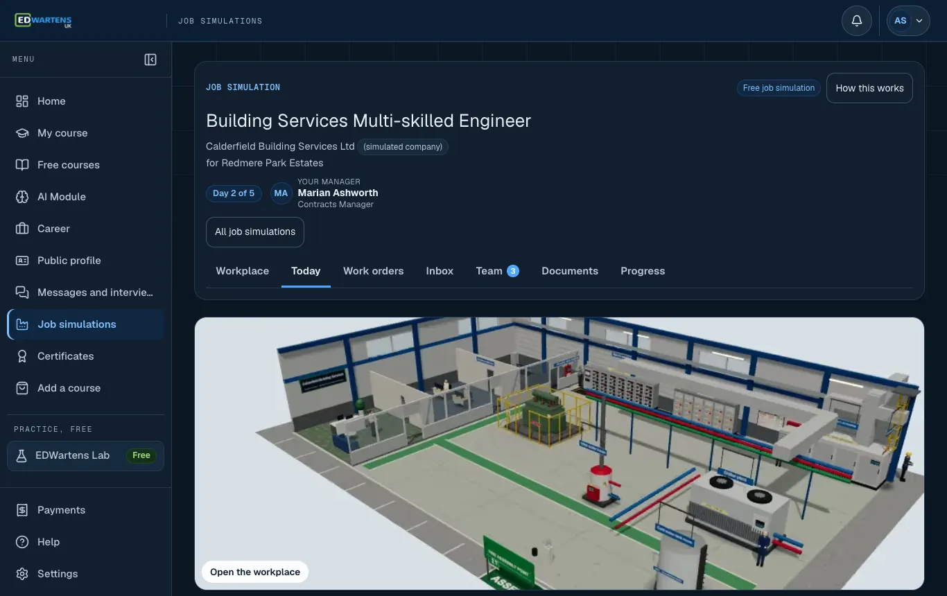 The Today screen of the Building Services Multi-skilled Engineer job simulation: the morning email and the day's tickets
