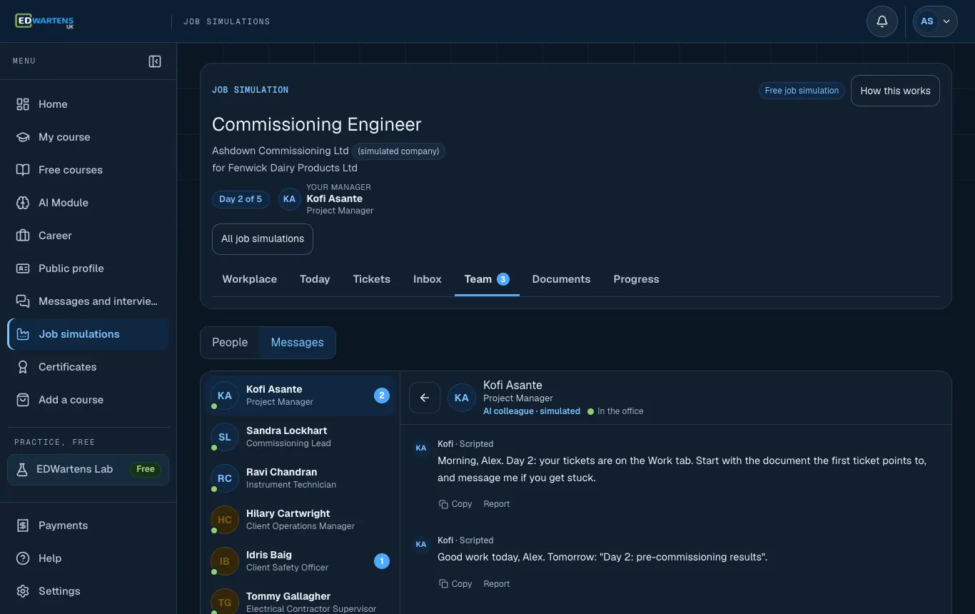 The Team screen of the Commissioning Engineer job simulation with a chat open with an AI colleague