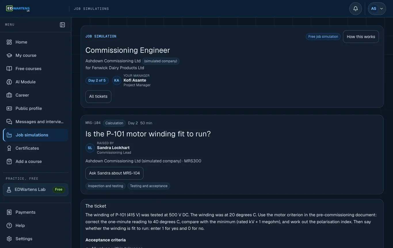 A ticket in the Commissioning Engineer job simulation with its brief and acceptance points
