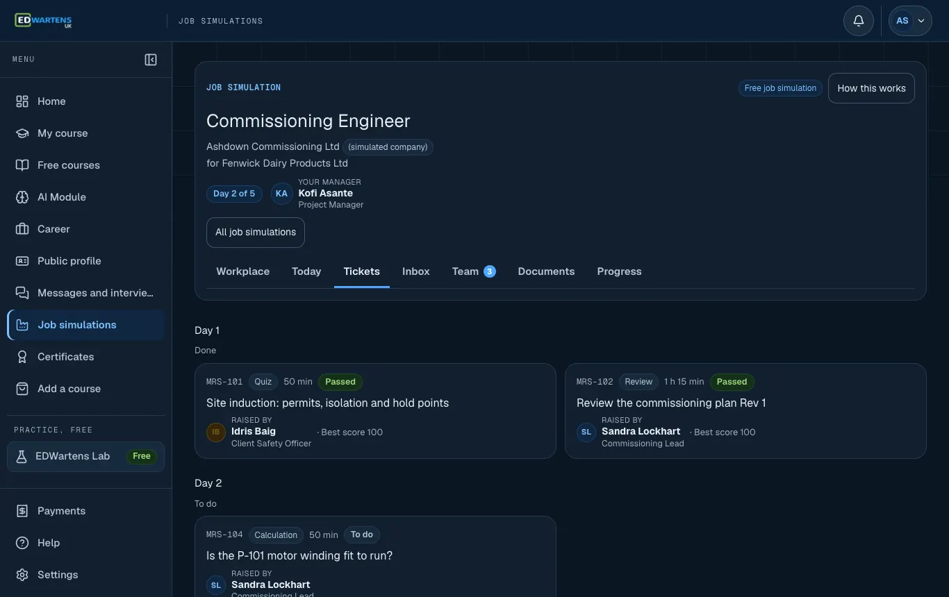 The Work screen of the Commissioning Engineer job simulation, listing tickets by day