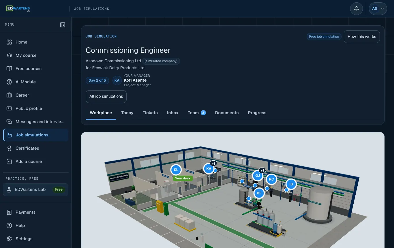 The workplace of the simulated company in the Commissioning Engineer job simulation