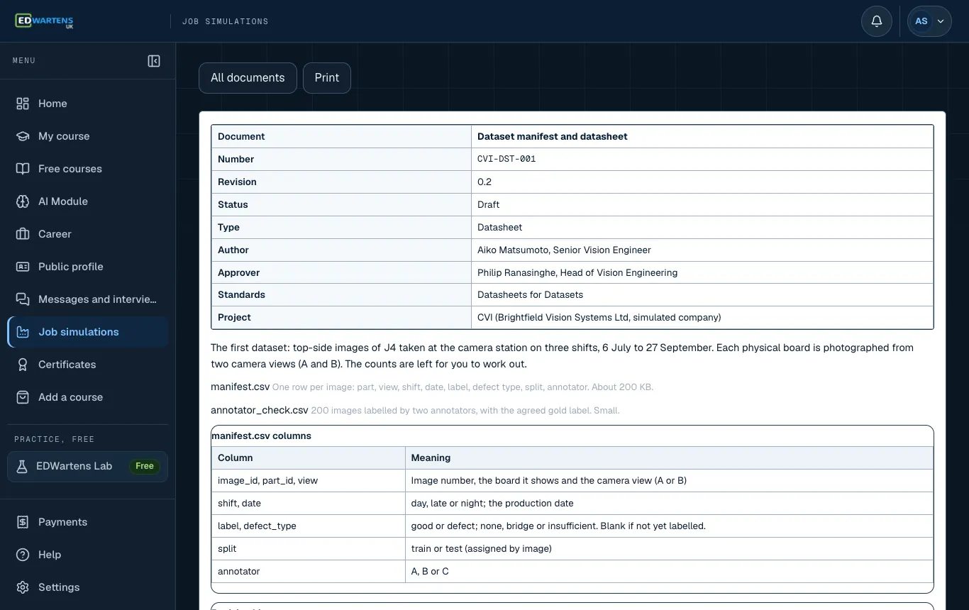 A project document in the Computer Vision Engineer job simulation with number, revision and status
