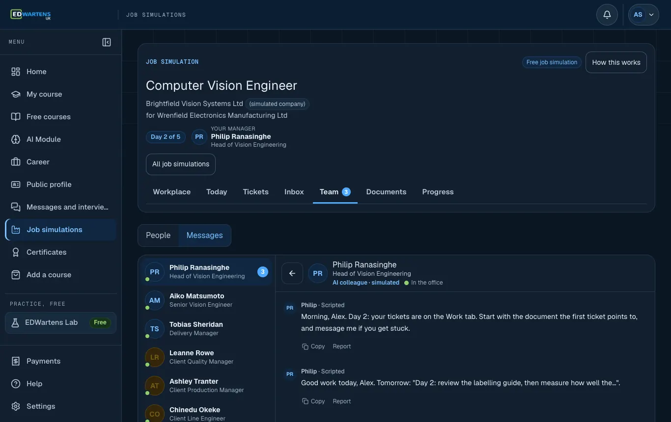 The Team screen of the Computer Vision Engineer job simulation with a chat open with an AI colleague