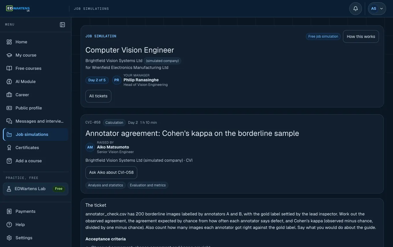 A ticket in the Computer Vision Engineer job simulation with its brief and acceptance points