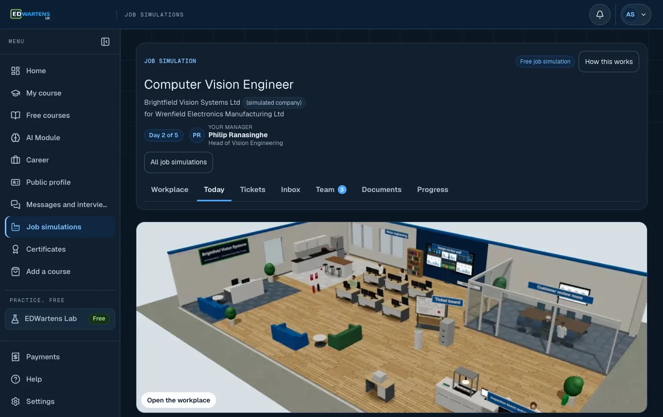 The Today screen of the Computer Vision Engineer job simulation: the morning email and the day's tickets