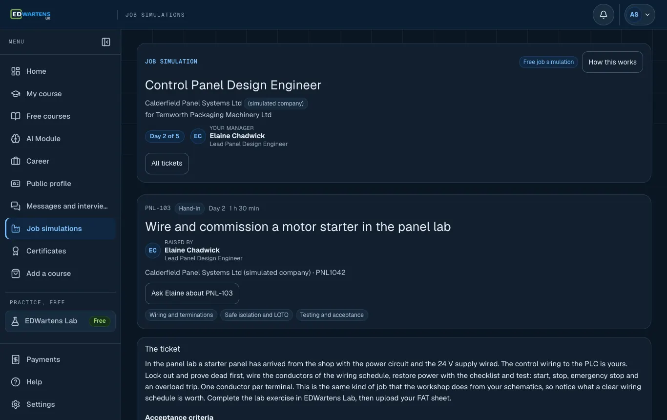 A ticket in the Control Panel Design Engineer job simulation with its brief and acceptance points