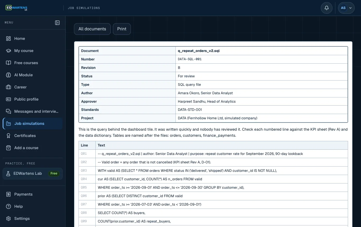 A project document in the Data Analyst job simulation with number, revision and status