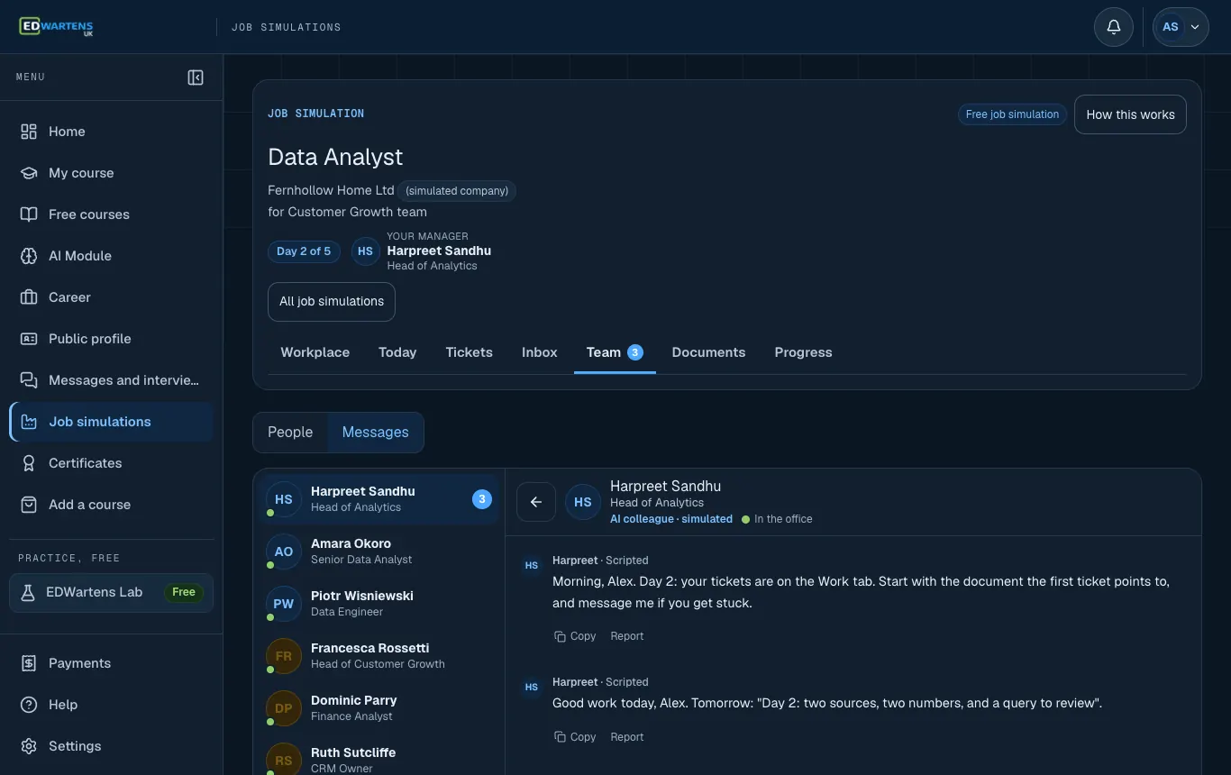 The Team screen of the Data Analyst job simulation with a chat open with an AI colleague