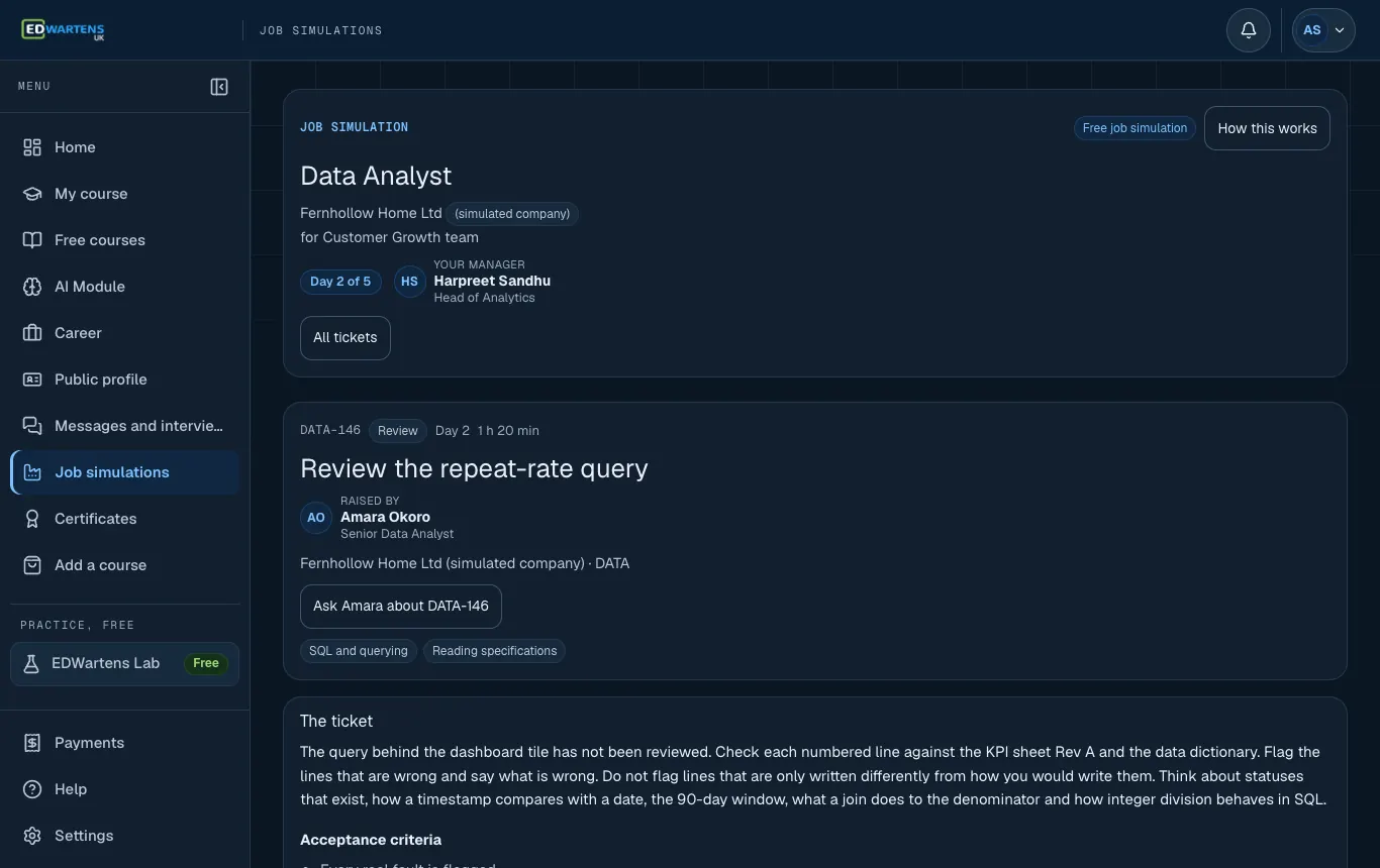 A ticket in the Data Analyst job simulation with its brief and acceptance points